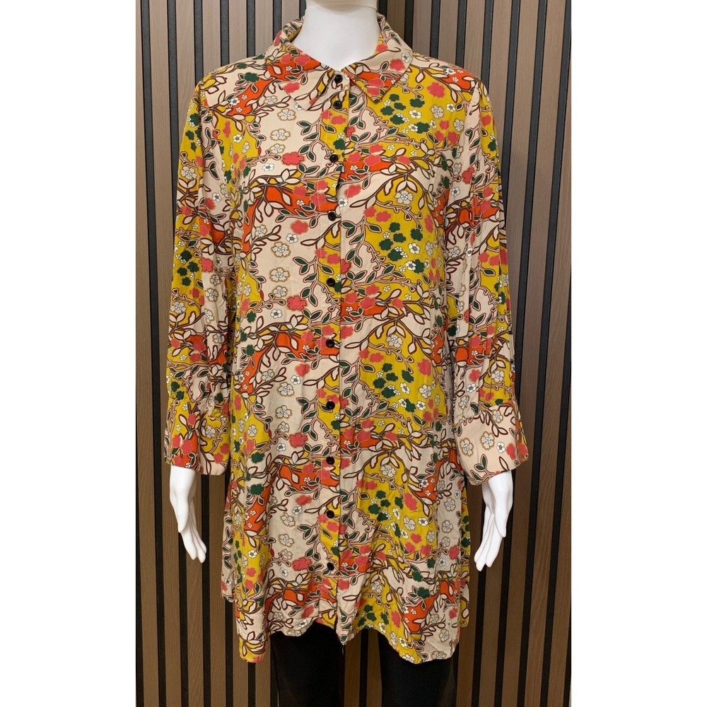 Natural Life Floral Button Down Tunic Top XL Multi Color Rayon Long Sleeve